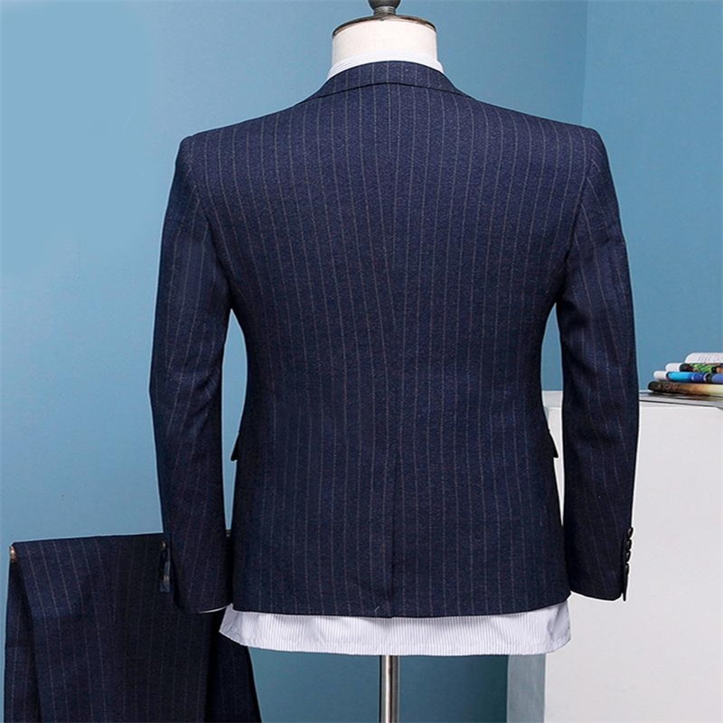 Handsome Pinstripe Men Suits Three Piece (Coat+Vest+Pant) Wedding Tuxedos Retro Peak Lapel Double-Breasted Formal Tailored Suit For Best Man