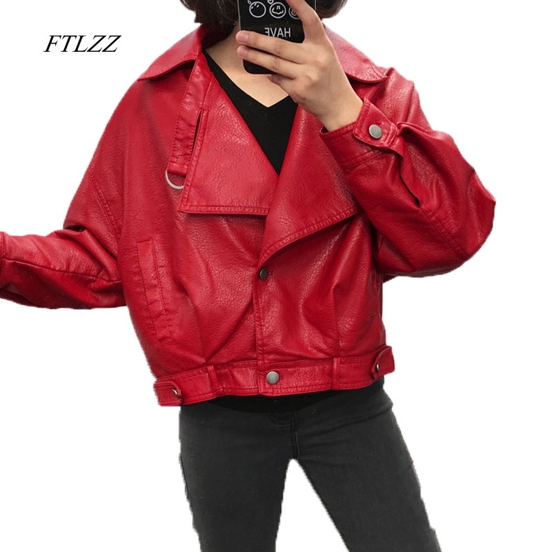 FTLZZ Faux Leather Jacket Women Vintage Loose Street Biker Coat Single Breasted Motorcycle Leather Jackets Female Short Outwear 201030