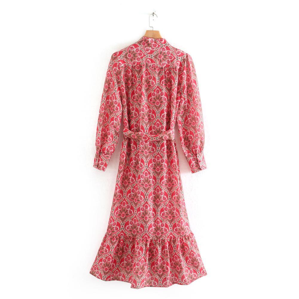 Women Summer Mididress New Fashion with Turndown Collar Floral Long Sleeve Dress Casual Elegant Long Pink Dress Vestidos T200619