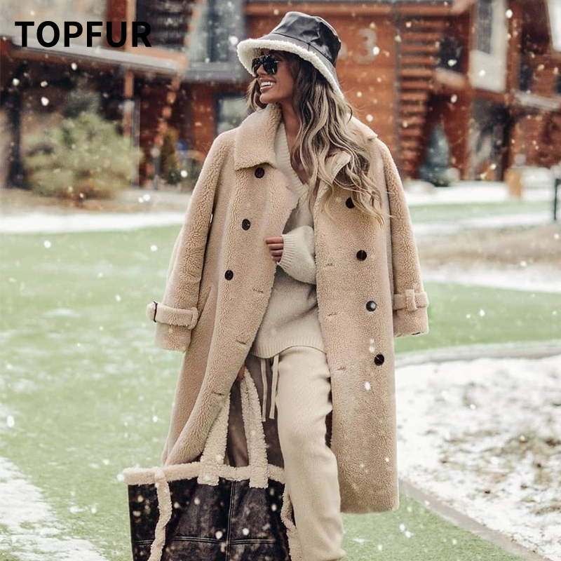 TOPFUR Real Fur Coat Women Winter Sheepskin Coat With Belt Lapel Collar New Genuine Leather Coat Gray Woolen Jacket Outwear 201215