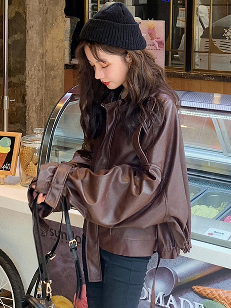 Lautaro oversized leather jacket women long sleeve Brown black loose faux leather jackets women Autumn plus size fashion 201020