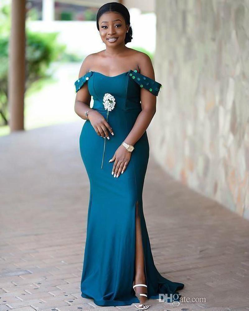 2021 Teal Bridesmaid Dresses Mermaid Sequins Satin Off the Shoulder Straps Side Slit African Plus Size Maid of Honor Gown Vestidos