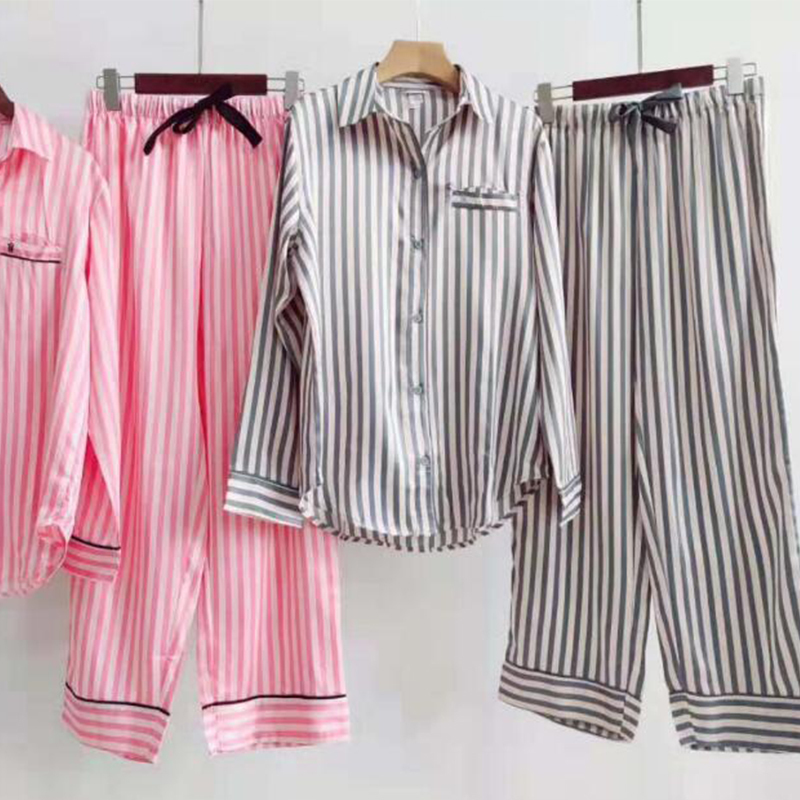 Satin Pijamas Long Sleeves Striped Silk Pajamas for Women Pjs Sleepwear Set Fashion Loungewear Homewear Home Clothes 201027
