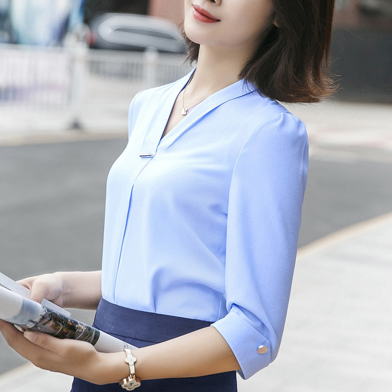 Fashion women Chiffon shirt new summer V neck half sleeve slim blouse office ladies formal plus size tops T200321