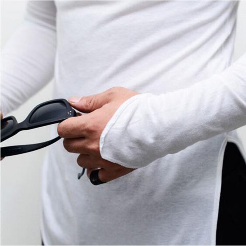 New Fashion Asymmetrical Men Long T shirt Side split long Sleeve T-Shirt Hip Hip Tops Tee vintage streetwear gothic tops 201004