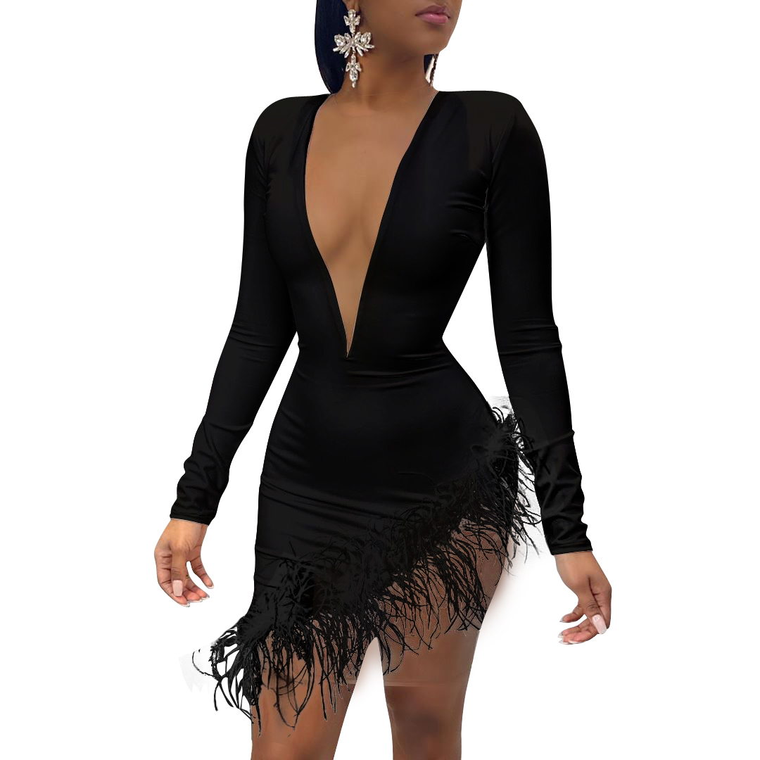 Women Spring Winter Mini Dress O-Neck Mesh Feather Patchwork Sexy Night Club Party Bandage Street Bodycon Dresses GL3198 201008