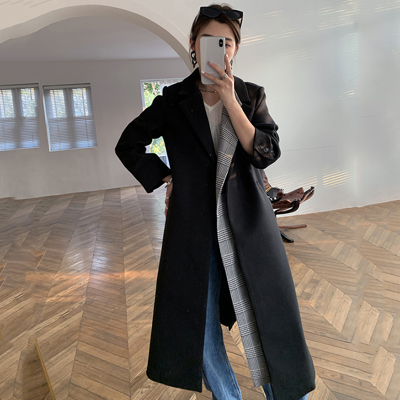 EAM Loose Fit Black Plaid Big Size Long Woolen Coat Parkas Long Sleeve Women Fashion Autumn Winter 1DD0741 201222