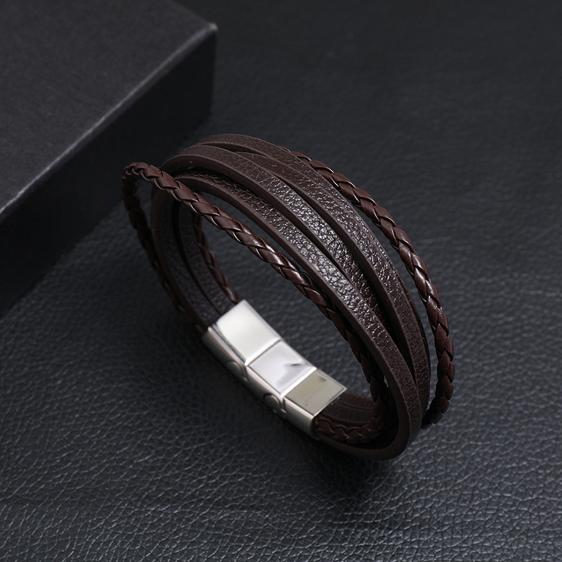 Retro Leather Multi Layer Wrap Bracelet Stainless Steel Buckle Bracelets for Men Fashion Bangle Cuff Wristband Stacking Bracelet Designer Jewelry