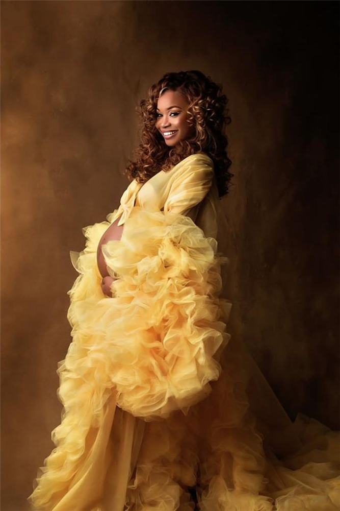 Ruffles Night Robe Yellow Maternity Dress for Photoshoot or Babyshower Photo Shoot Lady Sleepwear Bathrobe Sheer Nightgown