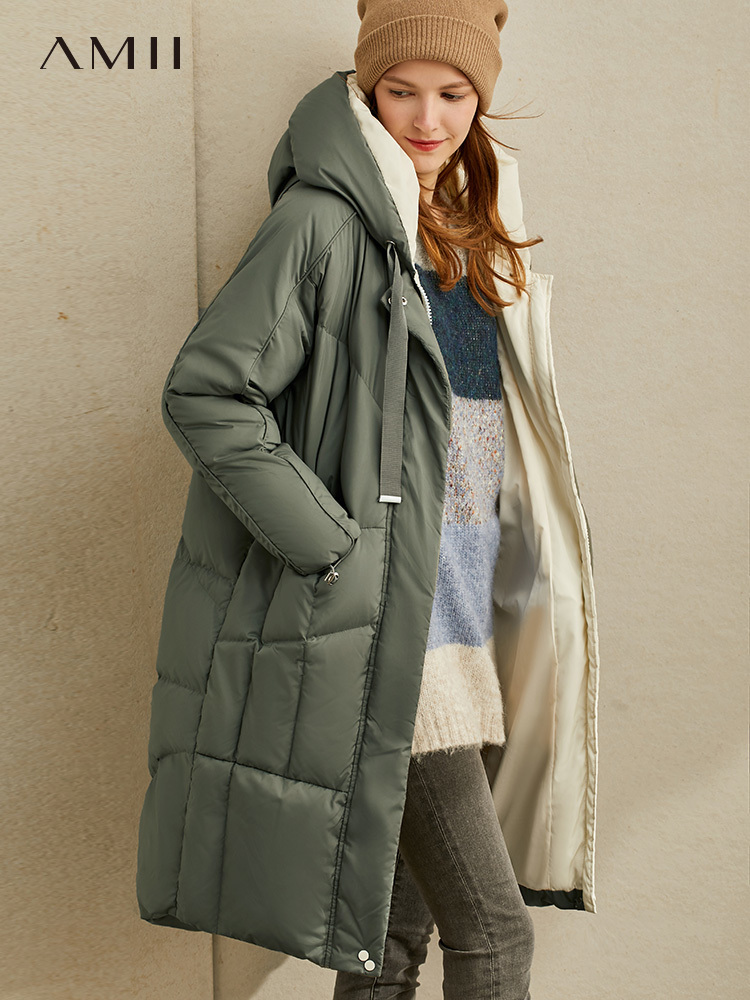 Amii Winter Women Fashion White Duck Down Jacket Female Elegant Solid Hooded Straight Thick Coat 11930415 201128