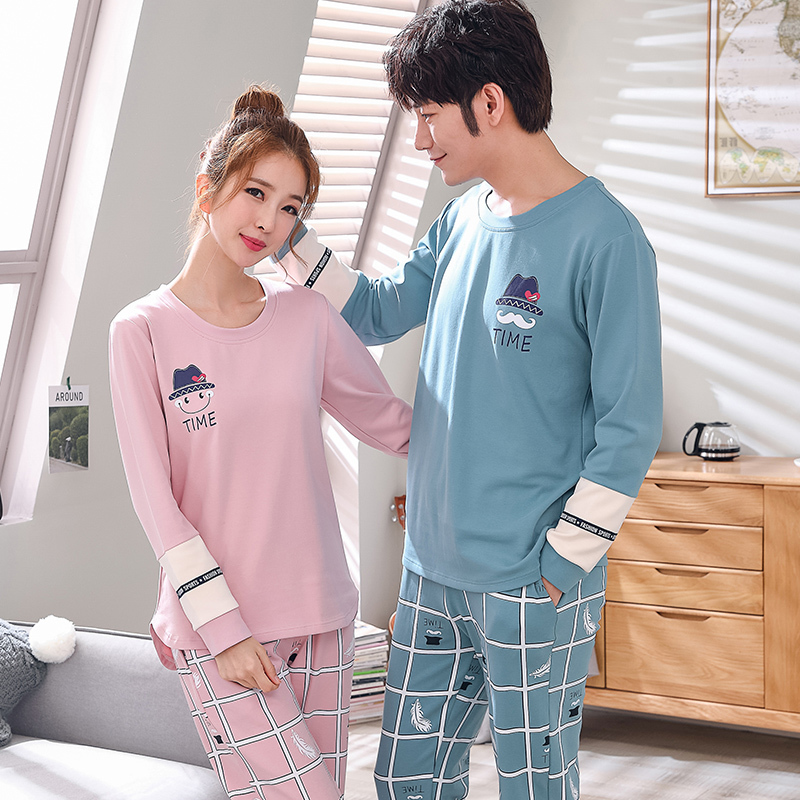 Pajamas Sets Women Print Soft Cotton Carton Fashion Men Long Sleeve Sleepwear Suit 2 piece Sexy Spring Home Couple Lounge Gift 201113