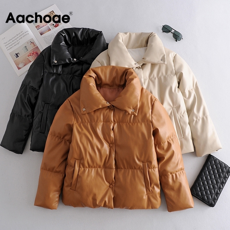 Women PU Leather Parkas Fashion High Street Solid Faxu Leather Coats Elegant Winter Thick Cotton Jackets Loose Outerwear 200928