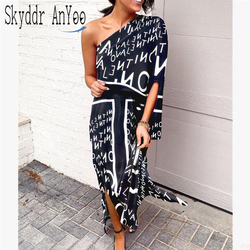 One Shoulder Summer Women Maxi Long Dresses Red Black Elegant Ladies Party Dress Plus Size Loose Casual Woman Fashion Dress 201013