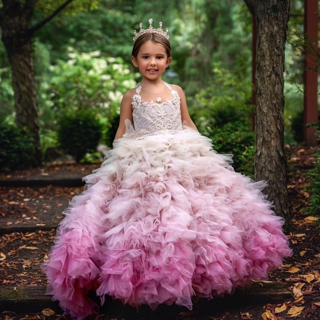 Luxurious Lace Beaded Flower Girl Dresses Ball Gown Tiers Little Girl Wedding Dresses Cheap Communion Pageant Dresses Gowns ZJ644