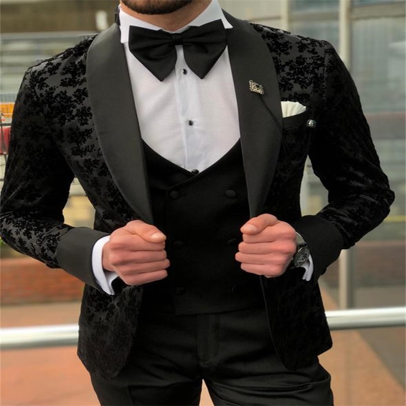 3piece black wedding suits handsome custom made appliqued men suits tuxedos peaked lapel blazer party formal business suit