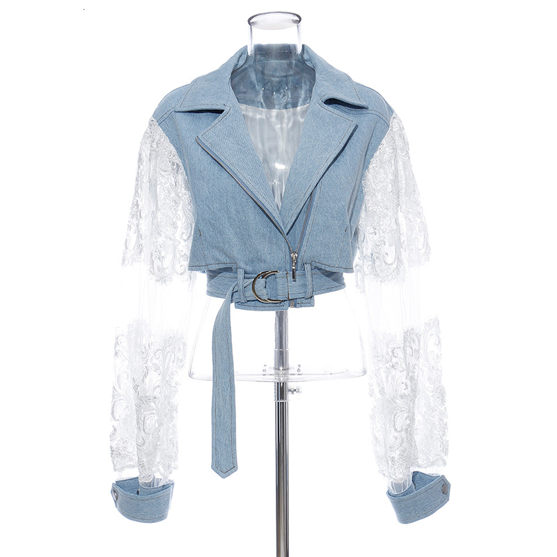 EAM Loose Fit Lace Split Joint Blue Denim Jacket Lapel Long Sleeve Women Coat Fashion Spring Autumn 1D638 201029