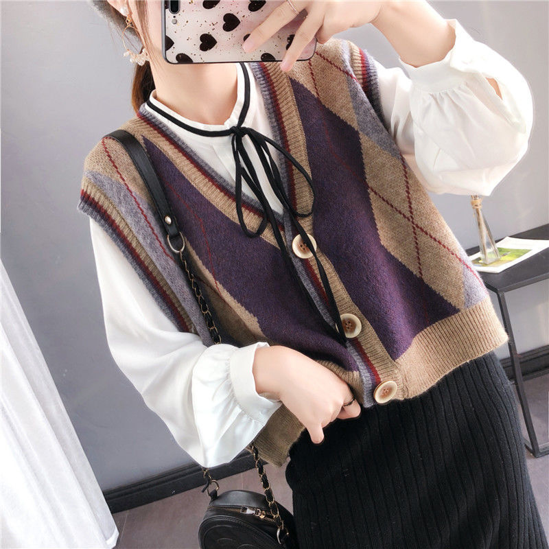 Cardigan vest women knit autumn and winter loose check sleeveless waistcoat sweater vest jacket college style 201223