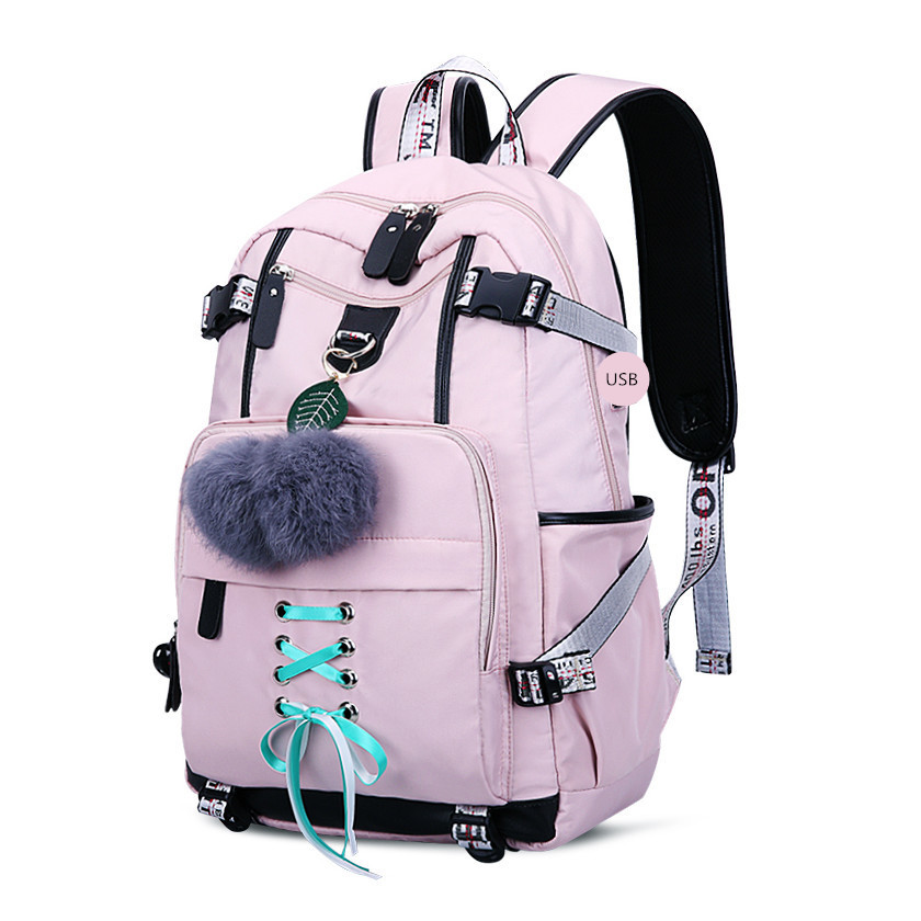 OKKID high school bags for teenage girls large school backpack female travel laptop backpack 15.6 usb charge bag plush ball gift LJ200918