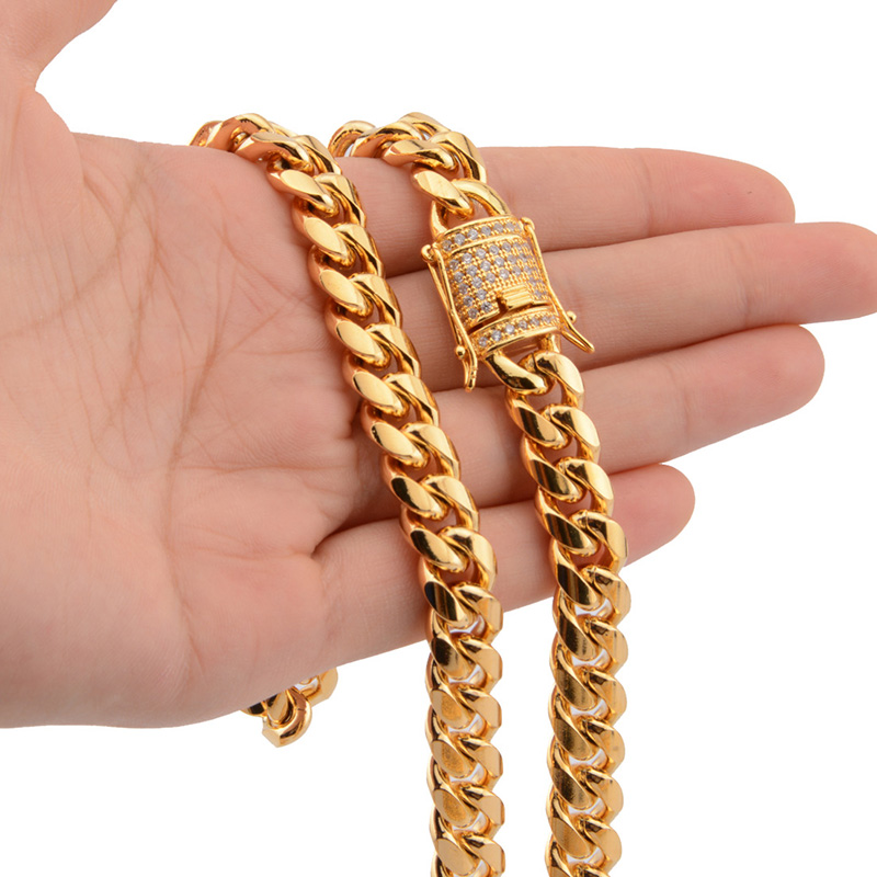 618mm Wide Stainless Steel Cuban Miami Chains Necklaces CZ Zircon Box Lock Big Heavy Gold Chain HipHop jewelry