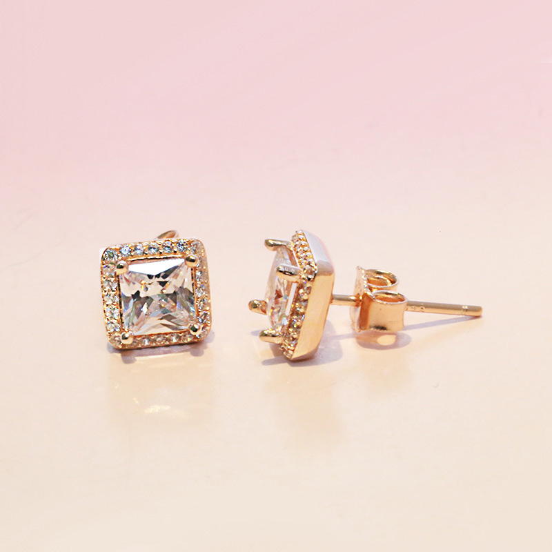 925 Sterling Silver Square Big CZ Diamond Earring Fit Jewelry Gold Rose Gold Plated Stud Earring Women Earrings284U
