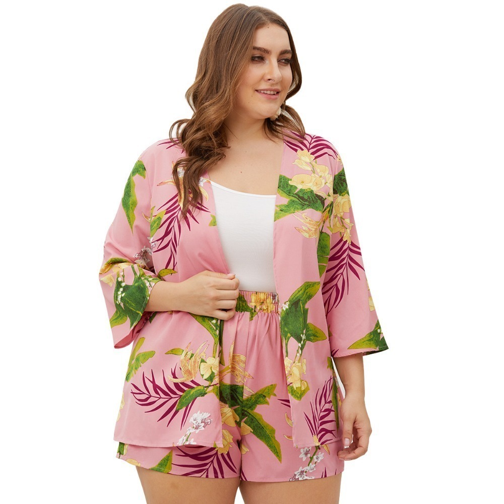WHZHM Summer Flower Plus Size 3XL 4XL Sets Beach Women Long Sleeve Casual Printed Pink Set Women Two Pcs Floral Tops and Shorts T200325