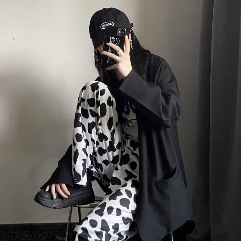 HOUZHOU Cow Print Summer Korean Style Wide Leg for Fashion Women Vintage Joker Palazzo Pants 201111