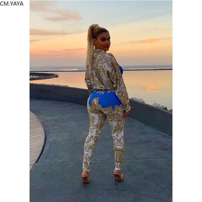 Women's Two Piece Pants Autumn Street Full Sleeve Print bodysuit & pants Casual Sexy Fashion tracksuit outfit GLK9389 201007