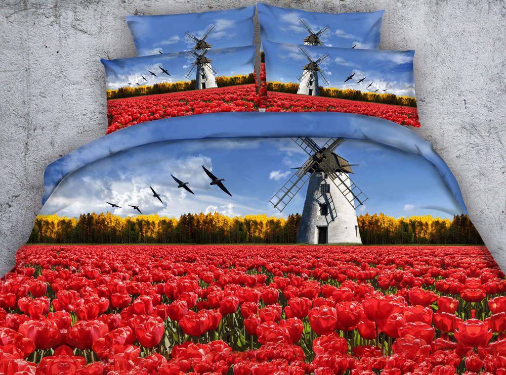 Beautiful flowers castle / tulip / windmill printed duvet cover set 3pcs floral bedding sets Single Double bed linen King Sheets, 434