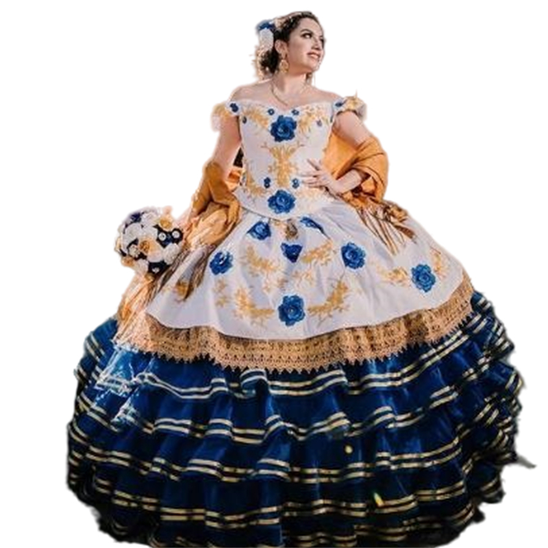 Traditional Mexico Charro Quinceanera Dresses Embroidered Floral Lace Off The Shoulder Satin Ball Gown Long Tiered Vestidos De Xv Años 15 Sweet 16 Dre