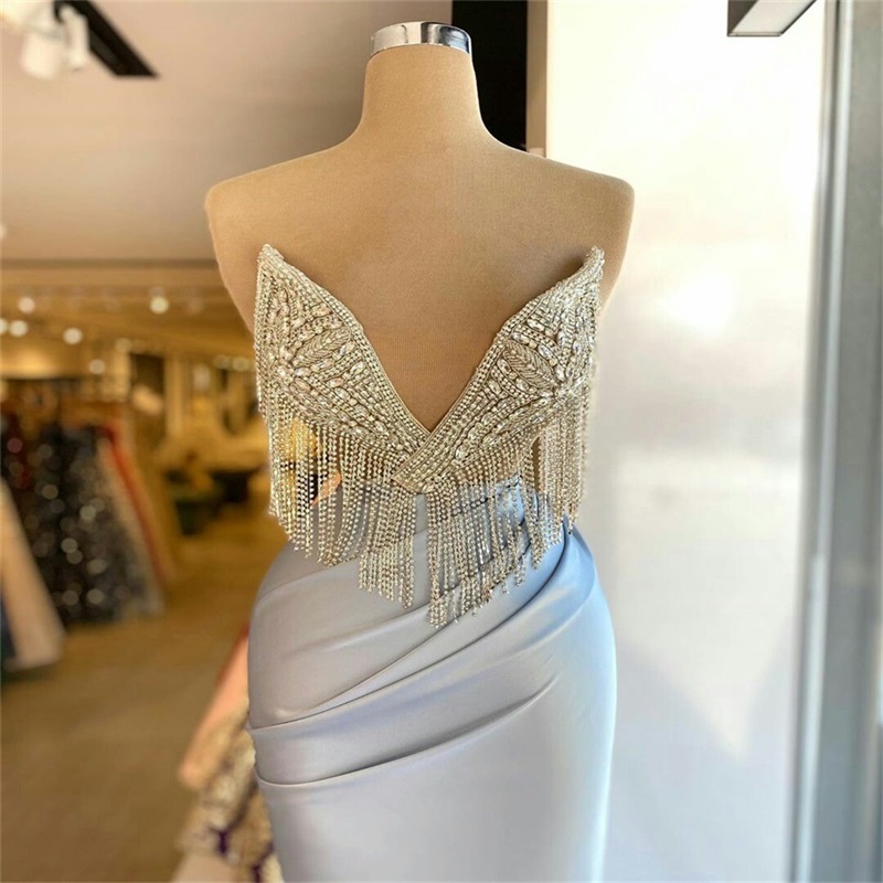 Real Image Prom Dresses Ruffles Satin Crystal Beading Mermaid Evening Dresses Chic Sweetheart Sleeveless Formal Party Dress Custom Made