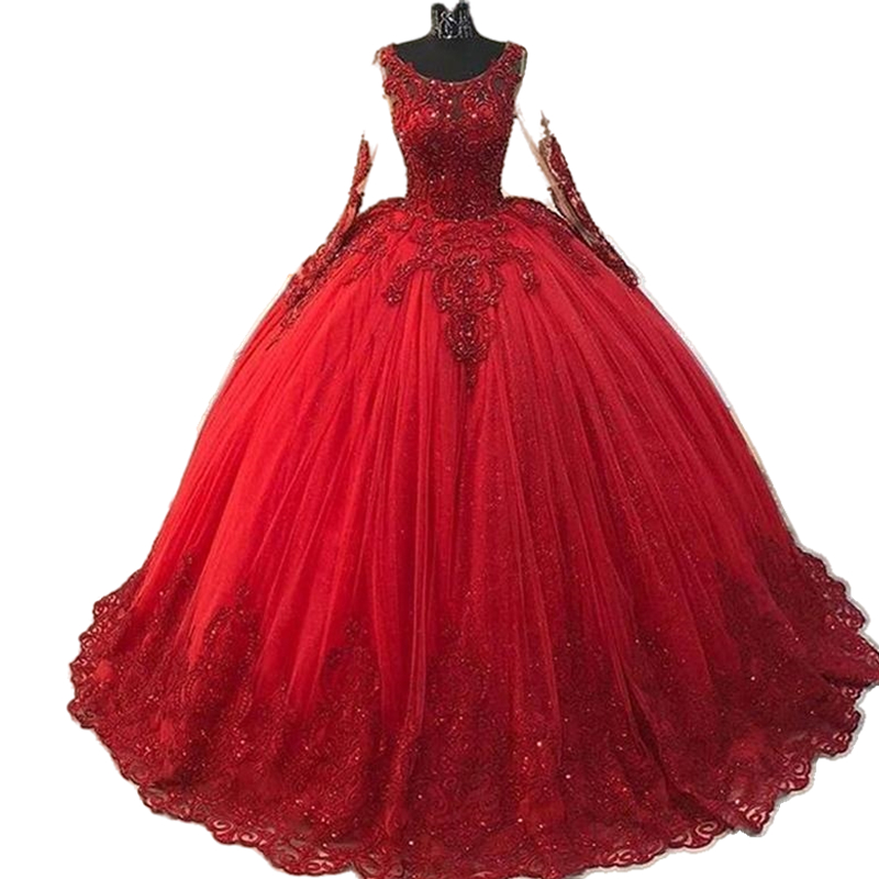 Puffy Ball Gown Wedding Dresses For Women 2022 Long Sleeves Red Tulle Beaded Lace Arabic Dubai Bridal Formal Wear Cew Neck Plus Size Petite Bride Dres