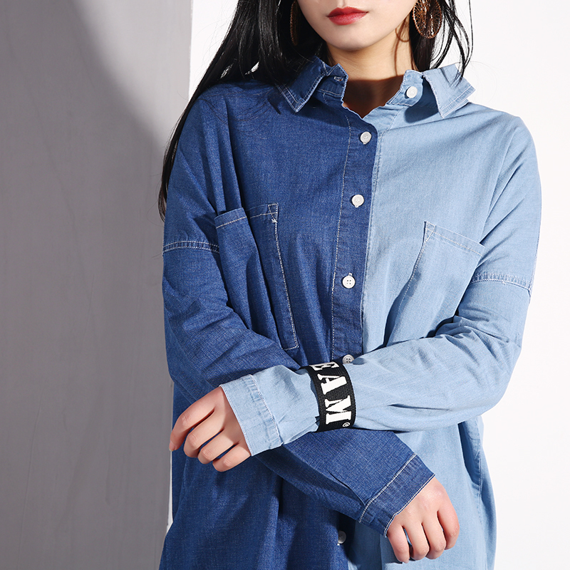 LANMREM Autumn Single Breasted Patchwork Denim Coat Personality Pocket For Women Fashion Jacket Batwing Long Sleeve MA705 201217
