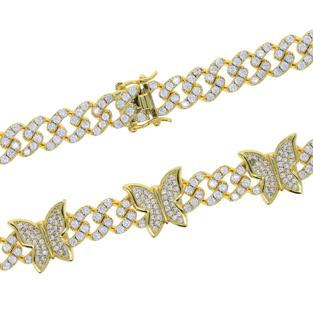 2024 Women Hip Hop Butterfly Charm Cuban Chain Bracelet Bangle with White Pink 5A cz Paved Gold Rose Gold Silver Color for Women Wedding