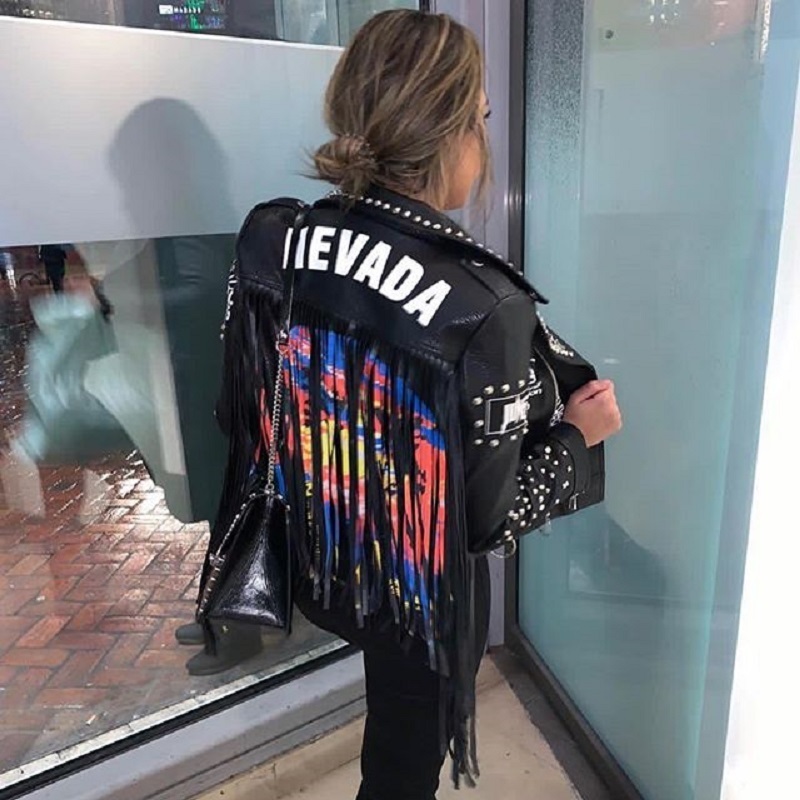 Women Black Leather Tassel Jacket 2020 Streetwear Rivets Punk Jackets Woman Streetwear Graffiti Printed Fringed Biker Coat LJ201012