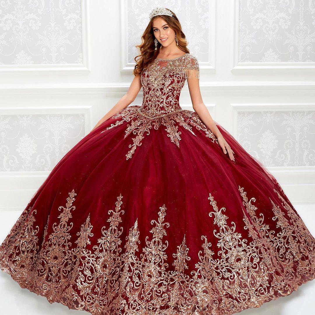 Luxury Golden Appliques Quinceanera Dresses Short Sleeve Dark Red Scoop Neck Appliqued Prom Gowns Floor Length Tulle Sweet 15 Dress For Girls 2022 Ves