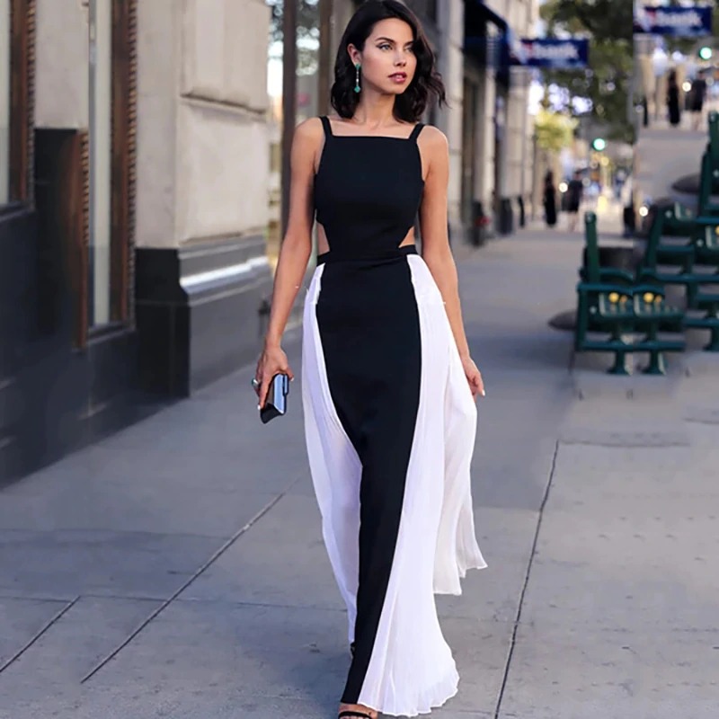 Chic Chiffon Prom Dresses Fashion Design White And Black Evening Dresses Summer Sexy Back Sweep Train Custom Made Formal Pageant Gown