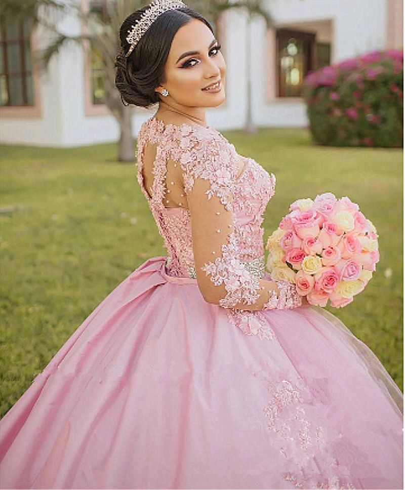 Pink Sweet 16 Quinceanera Dresses 2022 Ball Gown Vintage Lace Pearls Long Sleeves 3D Floral Vestidos 15 Anos Plus Size Pageant Prom Gowns Masquerade D