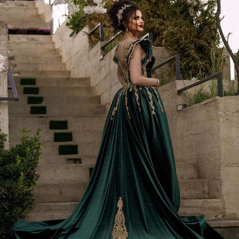 Traditional Kosovo Albanian Caftan Dark Green Prom Dresses with Detachable Train lace Applique Beaded Evening Dress Short Sleeves