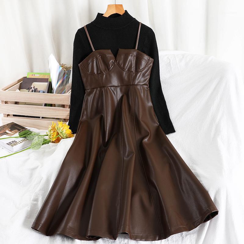 Autumn Winter New Two Pieces Sets Women Knitted Turtleneck Long Sleeve Sweaters +A Line PU Leather Spaghetti Strap Button Dress1, Brown
Autumn Winter New Two Pieces Sets Women Knitted Turtleneck Long Sleeve Sweaters +A Line PU Leather Spaghetti Strap Button Dress1, Brown