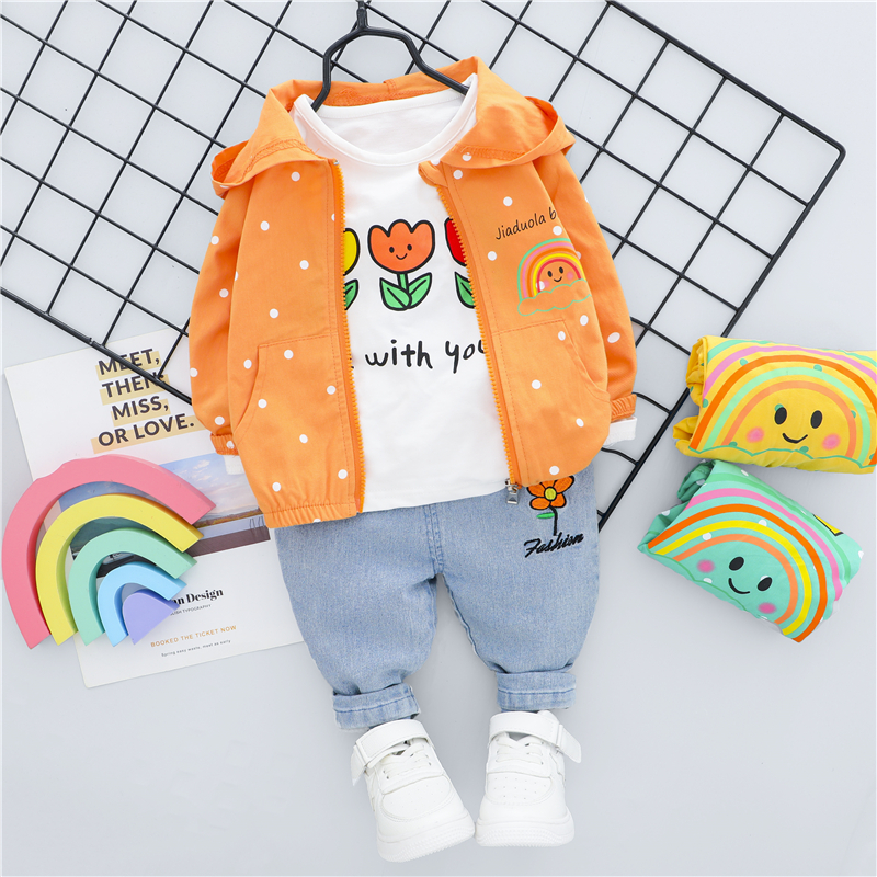 HYLKIDHUOSE Baby Girls Clothing Sets 2020 Autumn Hooded Coats Flowers T Shirt Jeans Infant Newborn Clothing Children ClothesX1019
