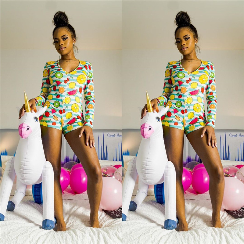 Sexy Women Deep Vneck Animals Bodysuit Long Sleeve Bodycon Stretch Bodysuit Button Short Romper Pajama Sleepwear Jumpsuit T200527
