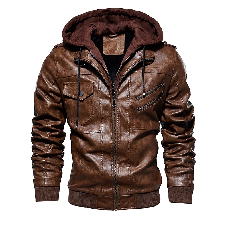 Men's Winter Leather Jackets Business Casual Coat Motorcycle Biker Leather Jacket Hooded Zipper chaqueta cuero hombre 201119