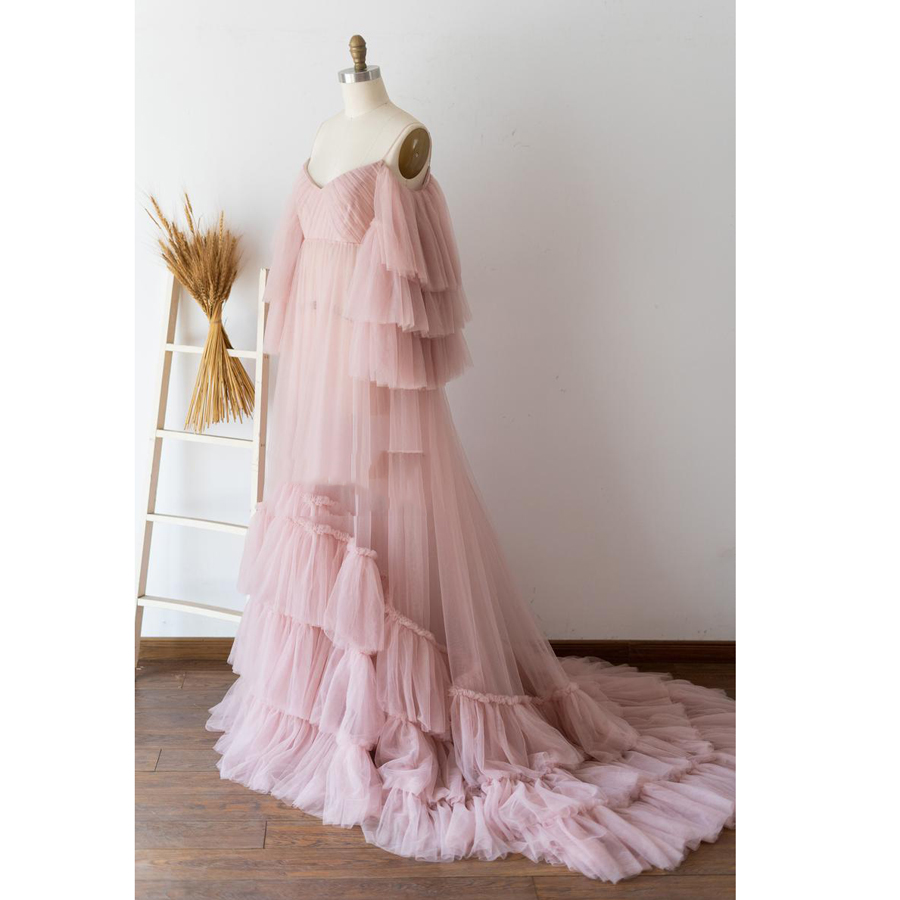 Pretty Pink See Through Tulle Prom Dresses Ruffles Tiered A-line Off Shoulder Puff Full Sleeves Women Long Vestidos de novia Plus Size