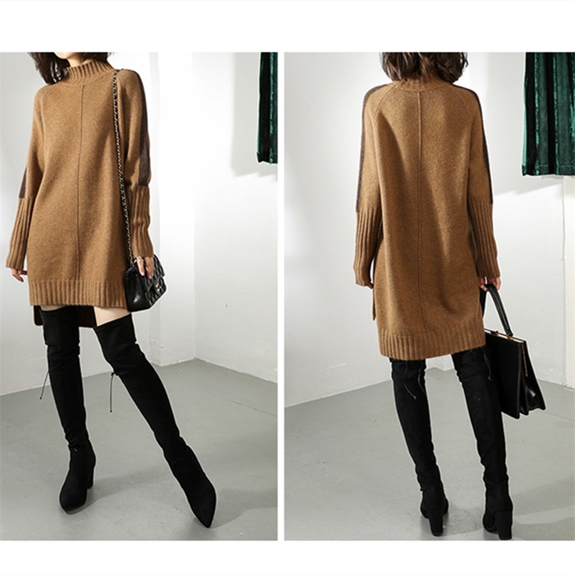 Women Autumn Winter Sweater Knitted Dresses Women Fashion Turtleneck Long Sweater Dress Ladies Warm Split Sweater Dress 201224