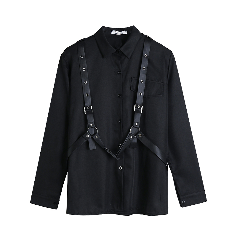 Neploe Vintage Long Sleeve Black Blouse Harajuku Women Men Shirt Autumn Korean Bandage Blusas Medium-long Tops Coat 55503 201201