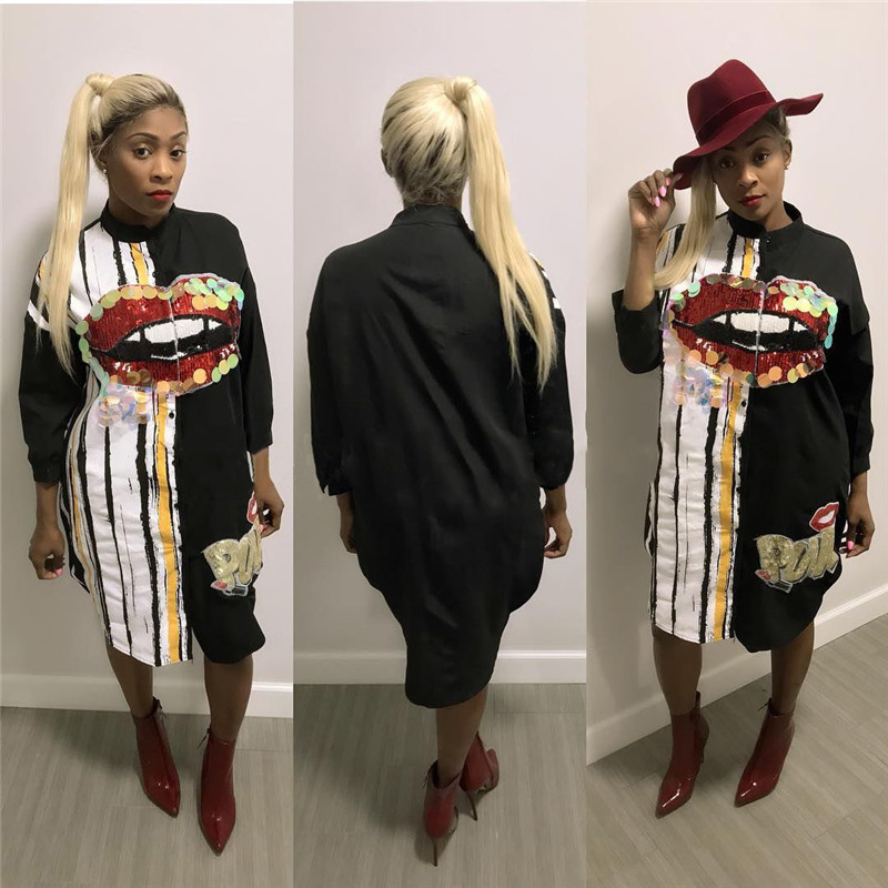 Long Sleeve Shirt Dress Women Autumn Fashion Stand Collar Button up Blouse Dress Ladies Streetwear Oversized Sequin Shirt Dress T200107