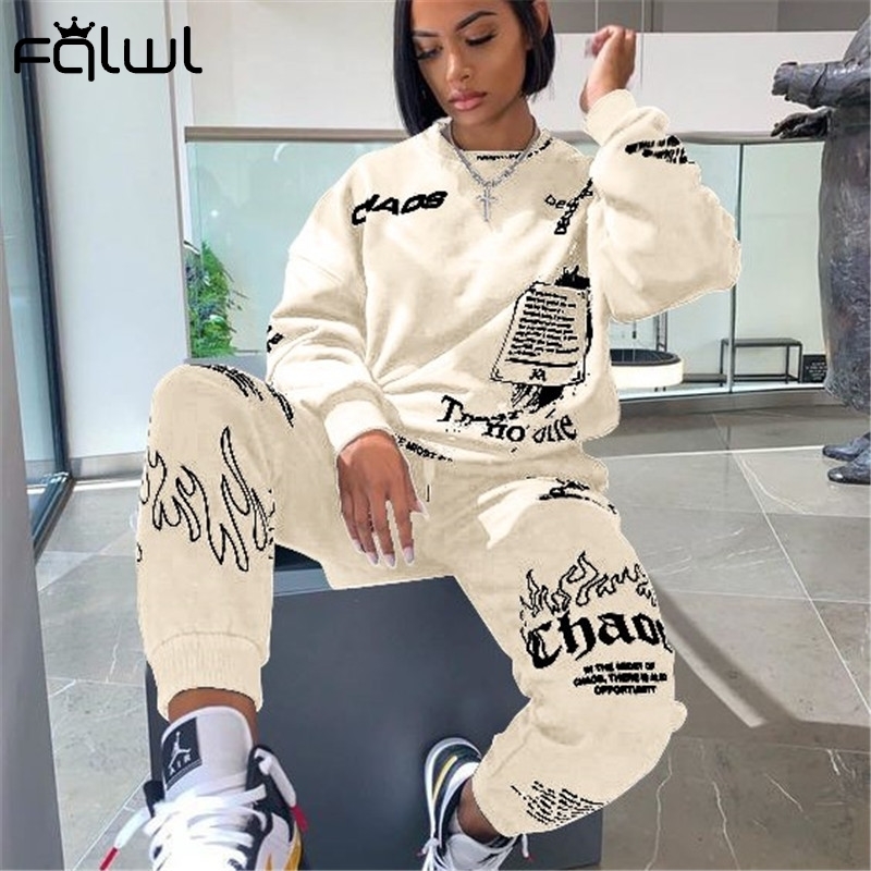 FQLWL Letter Print Loose 2 Two Piece Set Women Outfit Streetwear Tracksuit Oversized Sweatshirt Joggers Women Pants Matching Set T201031