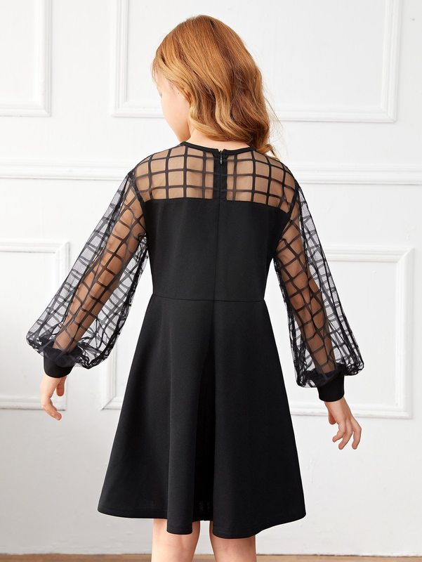 Girls Contrast Plaid Mesh Lantern Sleeve Dress SHE