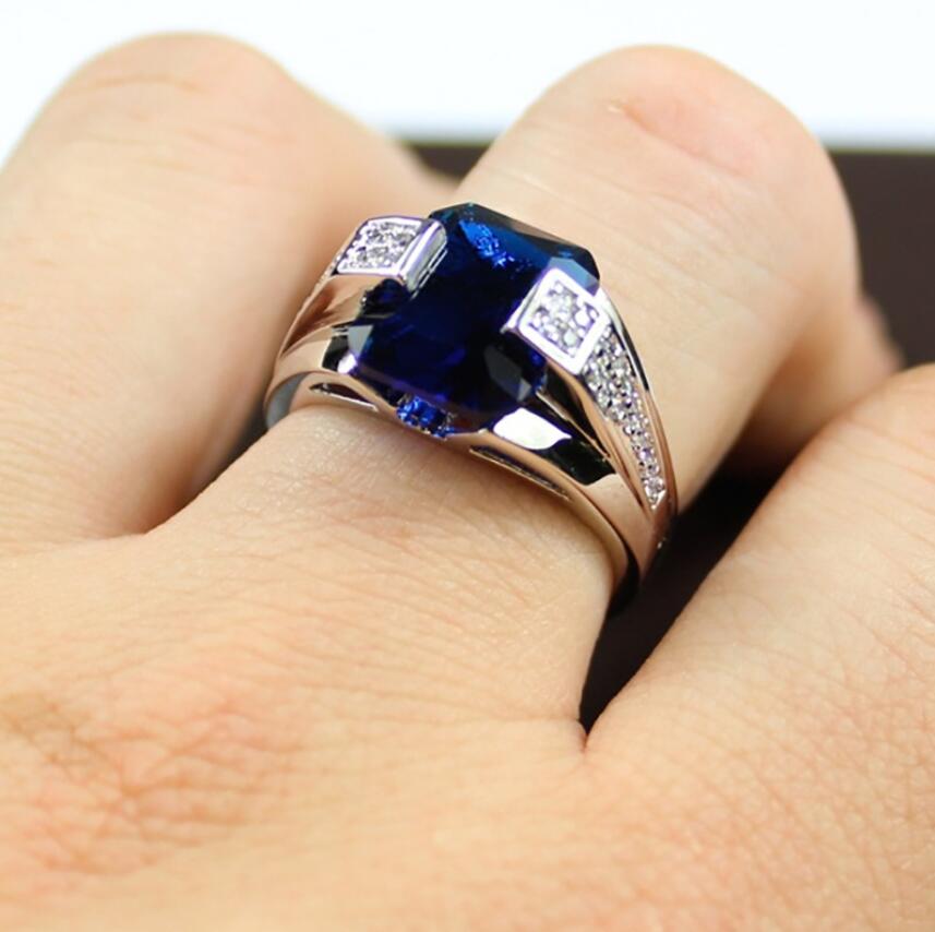 Top Sell Drop Shipping Luxury Jewelry 925 Sterling Silver Princess Cut Blue Sapphire CZ Diamond Gemstones Male Men Wedding Band Ring Gift