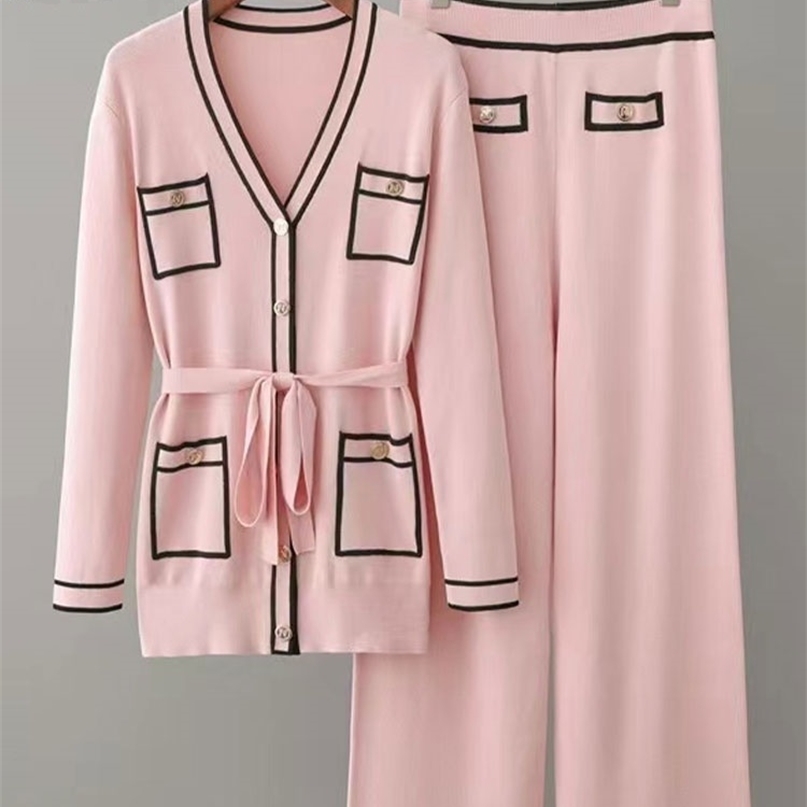 JXMYY Early Autumn Long-Sleeve Knit Suit Lace-Up Waist Mid-Length V-Neck Cardigan + Wide-Leg Pants Two-Piece Female 220315